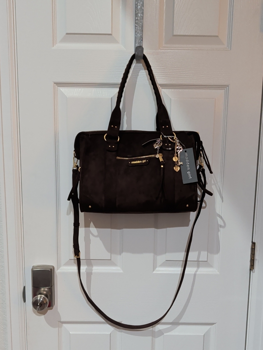 Madden Girl Brown Suede Satchel with Gold Charms
